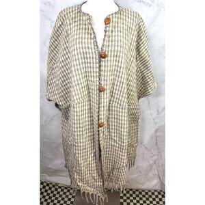 Vtg 60s Plaid Wool Cape Poncho Fringe Hem Wood Buttons Beige Check Cottagecore